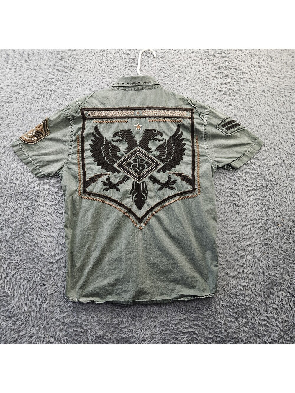 ROAR Aviation Button Up Shirt Large Men Cotton Stretch Gray Embroidered Green